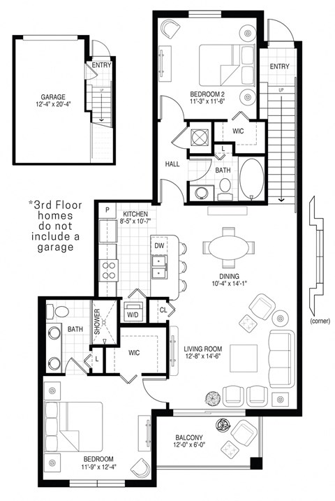 A black and white image of a floor plan for a 3rd floor home without a garage.